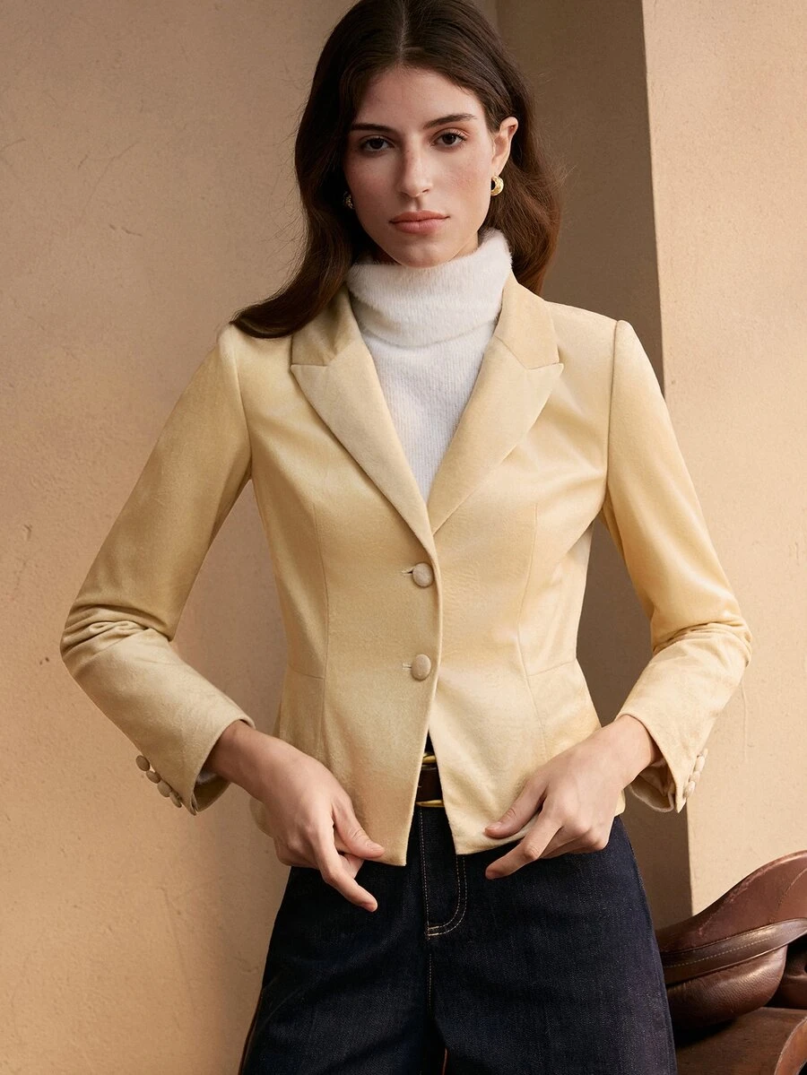 Zovinel Women's Solid Color Velvet Fabric Casual Versatile Commute Travel Blazer,Autumn/Winter - Champagne - View 1