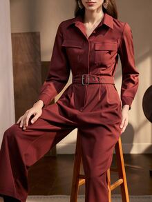 Zovinel Women's Pleated Long Sleeve Jumpsuit With Pockets,Autumn/Winter,Formal Commute - Burgundy - View 6