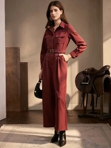 Zovinel Women's Pleated Long Sleeve Jumpsuit With Pockets,Autumn/Winter,Formal Commute - Burgundy - View 5