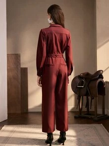 Zovinel Women's Pleated Long Sleeve Jumpsuit With Pockets,Autumn/Winter,Formal Commute - Burgundy - View 2