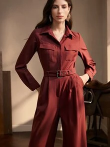 Zovinel Women's Pleated Long Sleeve Jumpsuit With Pockets,Autumn/Winter,Formal Commute - Burgundy - View 1