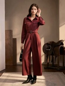 Zovinel Women's Pleated Long Sleeve Jumpsuit With Pockets,Autumn/Winter,Formal Commute - Burgundy - View 4
