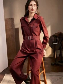 Zovinel Women's Pleated Long Sleeve Jumpsuit With Pockets,Autumn/Winter,Formal Commute - Burgundy - View 7