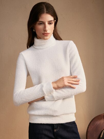 Zovinel Fashionable Women's Autumn High Neck White Long Sleeve Knit Sweater
