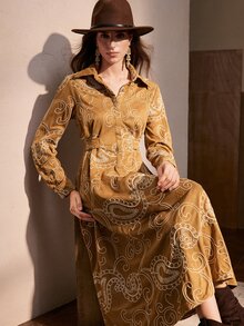 Zovinel Women's Vintage Button Jacquard Long Sleeve Dress,Autumn/Winter - Khaki - View 1