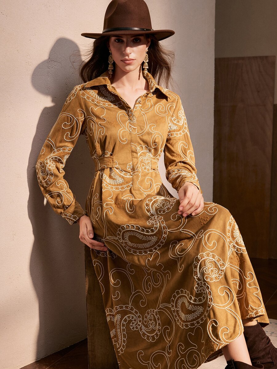 Zovinel Women's Vintage Button Jacquard Long Sleeve Dress,Autumn/Winter - Khaki - View 1