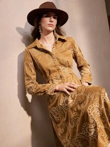 Zovinel Women's Vintage Button Jacquard Long Sleeve Dress,Autumn/Winter - Khaki - View 7