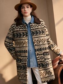 Ria Solene Patterned White Mid-Length Button-Up Women's Jacket - Multicolor - View 4