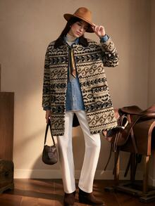 Ria Solene Patterned White Mid-Length Button-Up Women's Jacket - Multicolor - View 8