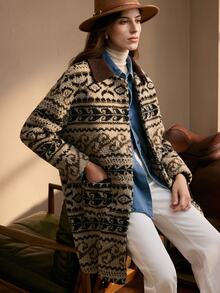 Ria Solene Patterned White Mid-Length Button-Up Women's Jacket - Multicolor - View 1