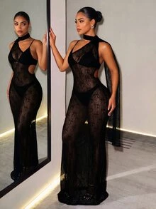 BamGleam Women's Lace One Shoulder Sleeveless Fitted Sexy Sheer Dress - Black - View 5
