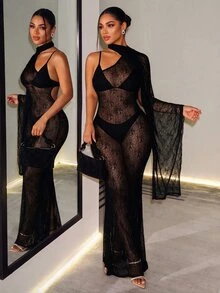 BamGleam Women's Lace One Shoulder Sleeveless Fitted Sexy Sheer Dress - Black - View 2