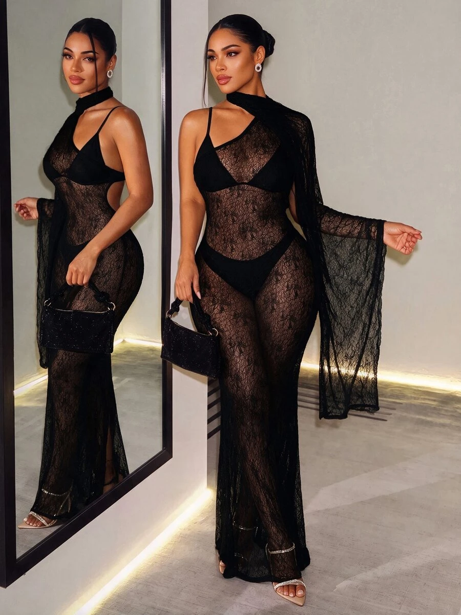 BamGleam Women's Lace One Shoulder Sleeveless Fitted Sexy Sheer Dress