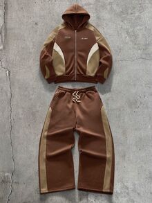 AXEPEAK Conjunto de Moletom com Capuz e Calça de Moletom com Blocos de Cores e Patchwork para Homens - Café - Visão 2
