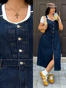 Rivivi Plus Size Women's Casual Daily Summer Denim Dress With Pockets - Dark Wash - View 1