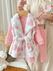 3pcs Toddler Baby Girl Vest Top Pants Set Cute Sweet Pink White Heart Sherpa Bow Ribbed Long Sleeve Round Neck Thick Party Fall Christmas Cozy Outfits - Pink - View 4