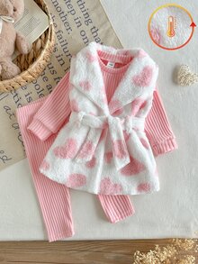 3pcs Toddler Baby Girl Vest Top Pants Set Cute Sweet Pink White Heart Sherpa Bow Ribbed Long Sleeve Round Neck Thick Party Fall Christmas Cozy Outfits - Pink - View 5