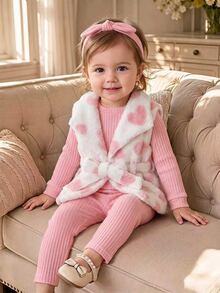 3pcs Toddler Baby Girl Vest Top Pants Set Cute Sweet Pink White Heart Sherpa Bow Ribbed Long Sleeve Round Neck Thick Party Fall Christmas Cozy Outfits - Pink - View 1