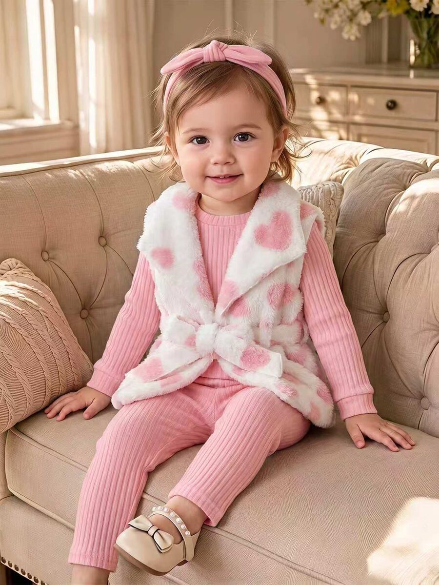 3pcs Toddler Baby Girl Vest Top Pants Set Cute Sweet Pink White Heart Sherpa Bow Ribbed Long Sleeve Round Neck Thick Party Fall Christmas Cozy Outfits - Pink - View 1