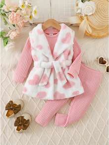 3pcs Toddler Baby Girl Vest Top Pants Set Cute Sweet Pink White Heart Sherpa Bow Ribbed Long Sleeve Round Neck Thick Party Fall Christmas Cozy Outfits - Pink - View 2