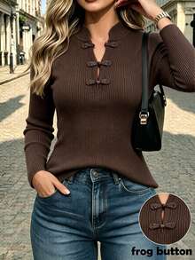 SHEIN New Chinese Style Stand Collar Ribbed Knit Top With Traditional Frog Buttons - Coffee Brown - View 7