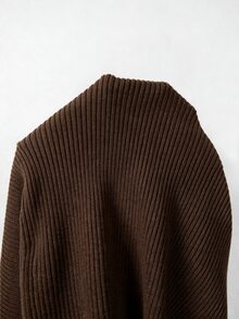SHEIN New Chinese Style Stand Collar Ribbed Knit Top With Traditional Frog Buttons - Coffee Brown - View 5