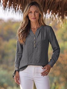 SHEIN Holidaya Middle-Aged Women Solid Color Notch V-Neck Casual Daily Wear Blouse - Grey - View 1