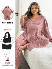 SHEIN CURVE+ 女款大尺碼 22W 素色簡約圓領長袖上衣與長褲兩件套 / 冬季秋季 - 藕粉色 - 查看 1