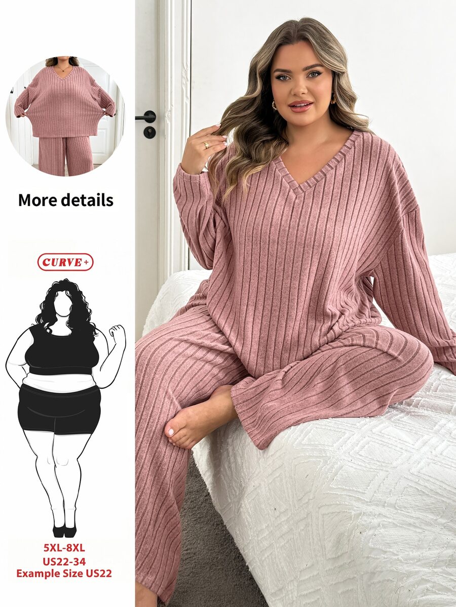 SHEIN CURVE+ 女款大尺碼 22W 素色簡約圓領長袖上衣與長褲兩件套 / 冬季秋季 - 藕粉色 - 查看 1