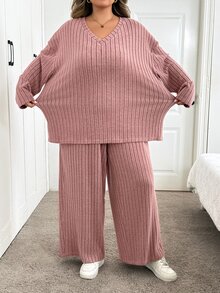 SHEIN CURVE+ 女款大尺碼 22W 素色簡約圓領長袖上衣與長褲兩件套 / 冬季秋季 - 藕粉色 - 查看 4