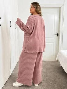 SHEIN CURVE+ 女款大尺碼 22W 素色簡約圓領長袖上衣與長褲兩件套 / 冬季秋季 - 藕粉色 - 查看 2