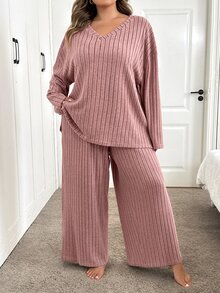 SHEIN CURVE+ 女款大尺碼 22W 素色簡約圓領長袖上衣與長褲兩件套 / 冬季秋季 - 藕粉色 - 查看 6