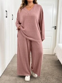 SHEIN CURVE+ 女款大尺碼 22W 素色簡約圓領長袖上衣與長褲兩件套 / 冬季秋季 - 藕粉色 - 查看 5