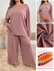 SHEIN CURVE+ 女款大尺碼 22W 素色簡約圓領長袖上衣與長褲兩件套 / 冬季秋季 - 藕粉色 - 查看 8