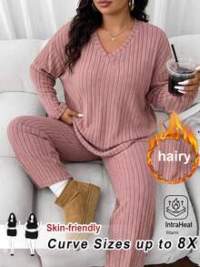 SHEIN CURVE+ 女款大尺碼 22W 素色簡約圓領長袖上衣與長褲兩件套 / 冬季秋季 - 藕粉色 - 查看 9