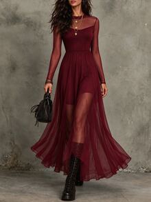 LUMIGAL Winter Women's Mesh Patchwork Casual Party Long Dress - Red - View 5