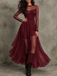 LUMIGAL Winter Women's Mesh Patchwork Casual Party Long Dress - Red - View 6