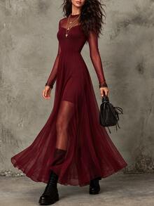 LUMIGAL Winter Women's Mesh Patchwork Casual Party Long Dress - Red - View 4