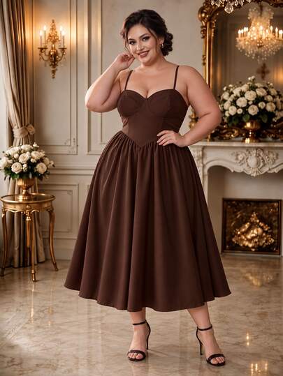 Elenzga Vestido de tirantes finos con cintura ceñida de unicolor para mujer talla grande