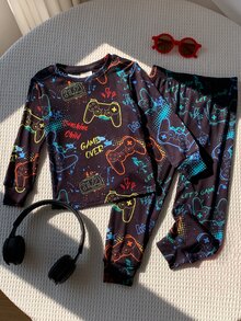SHEIN 小男孩遊戲手柄印花睡衣套裝 - 藏蓝色 - 查看 7