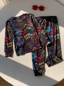 SHEIN 小男孩遊戲手柄印花睡衣套裝 - 藏蓝色 - 查看 6