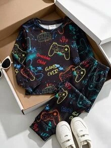 SHEIN 小男孩遊戲手柄印花睡衣套裝 - 藏蓝色 - 查看 2