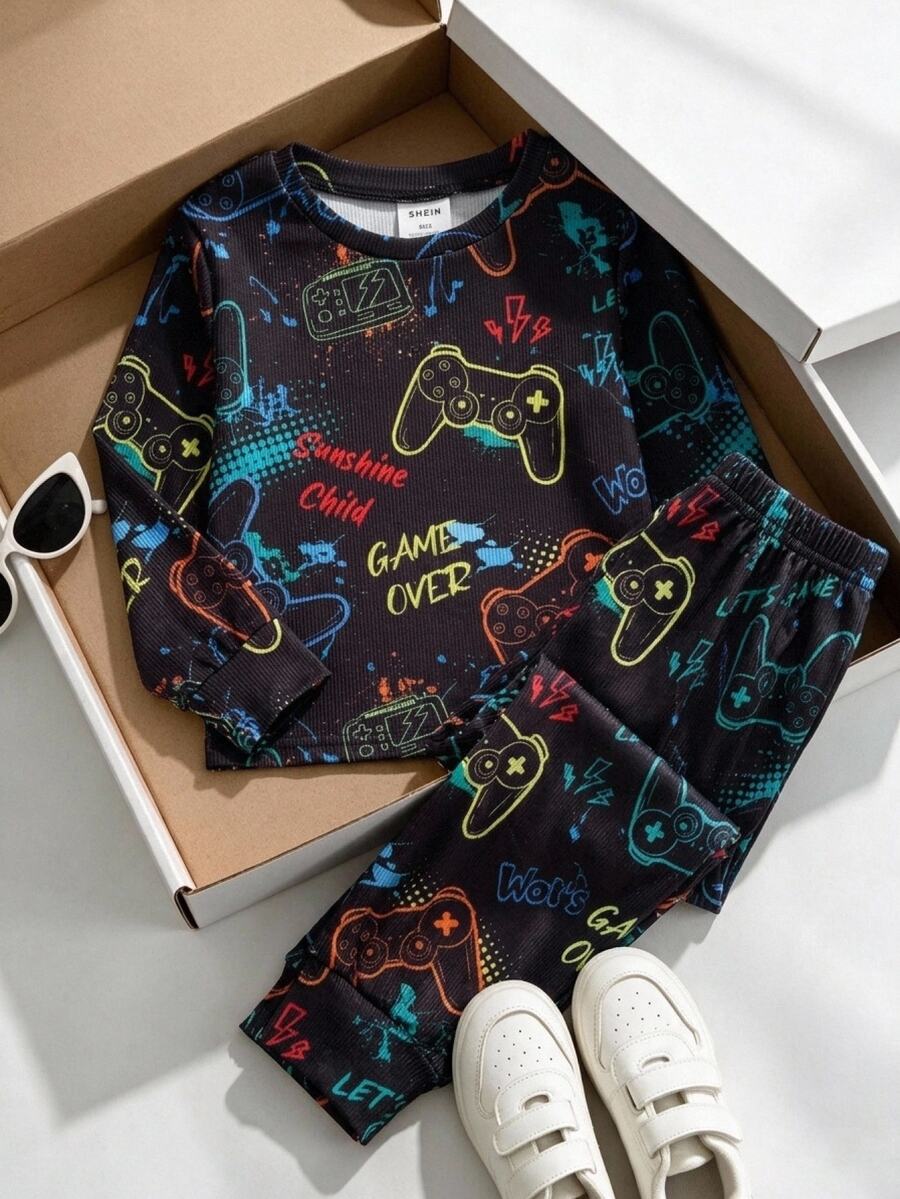 SHEIN Young Boy Gamepad Print Pajamas Set - Navy Blue - View 1