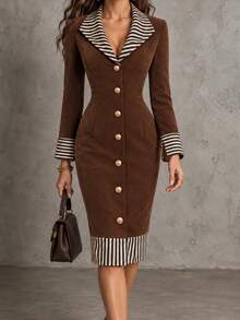 INAWLY Vintage French Style Coffee Brown Dress, Contrast Striped Collar And Cuffs With Exquisite Eye-Catching Design, Single-Breasted Metal Buttons For Premium Look, Slim Fit Waist Cut To Outline Elegant Curves, Mid-Length Style Suitable For Commuting And Dating - Coffee - View 5