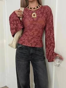 SHEIN EZwear Fall/ French Style Burgundy Flare Sleeve Knit Elegant Romantic Textured T-Shirt Brunch Dinner - Burgundy - View 3