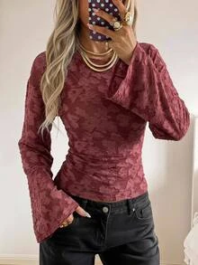 SHEIN EZwear Fall/ French Style Burgundy Flare Sleeve Knit Elegant Romantic Textured T-Shirt Brunch Dinner - Burgundy - View 4