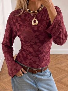 SHEIN EZwear Fall/ French Style Burgundy Flare Sleeve Knit Elegant Romantic Textured T-Shirt Brunch Dinner - Burgundy - View 7