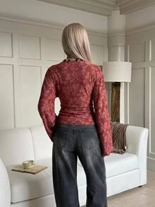 SHEIN EZwear Fall/ French Style Burgundy Flare Sleeve Knit Elegant Romantic Textured T-Shirt Brunch Dinner - Burgundy - View 2