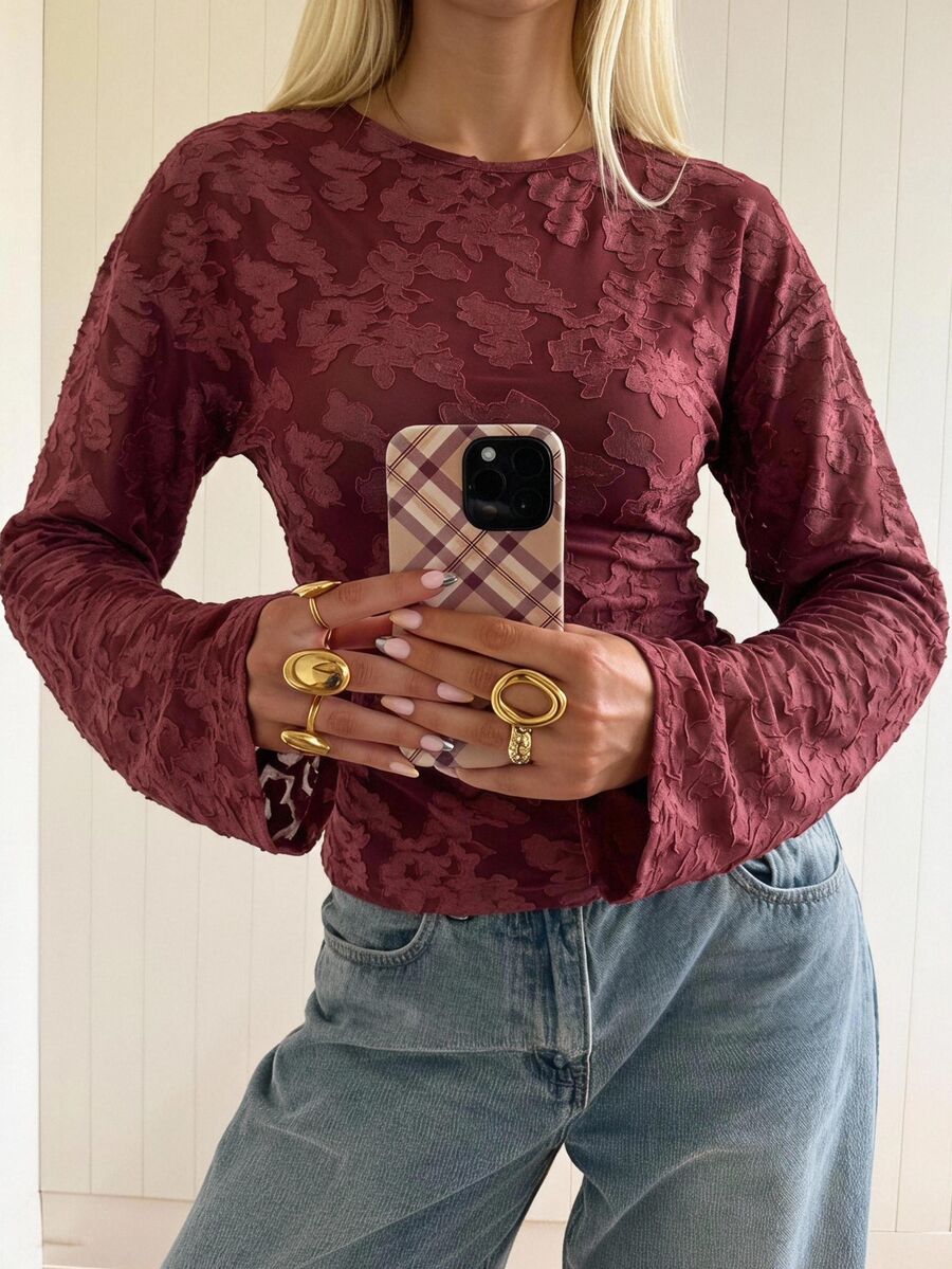 SHEIN EZwear Fall/ French Style Burgundy Flare Sleeve Knit Elegant Romantic Textured T-Shirt Brunch Dinner - Burgundy - View 1