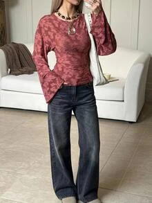 SHEIN EZwear Fall/ French Style Burgundy Flare Sleeve Knit Elegant Romantic Textured T-Shirt Brunch Dinner - Burgundy - View 5
